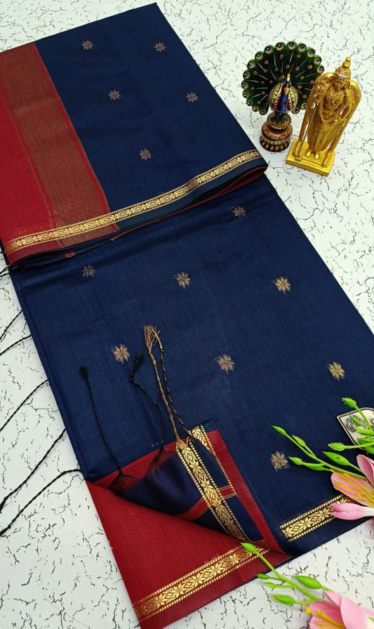 Exquisite Maheshwari Silk Cotton Saree - Navy Blue and Maroon