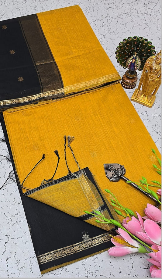Exquisite Maheshwari Silk Cotton Saree- Mustard Yellow and Black