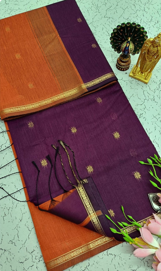 Exquisite Maheshwari Silk Cotton Saree- Rust Orange and Royal Purple