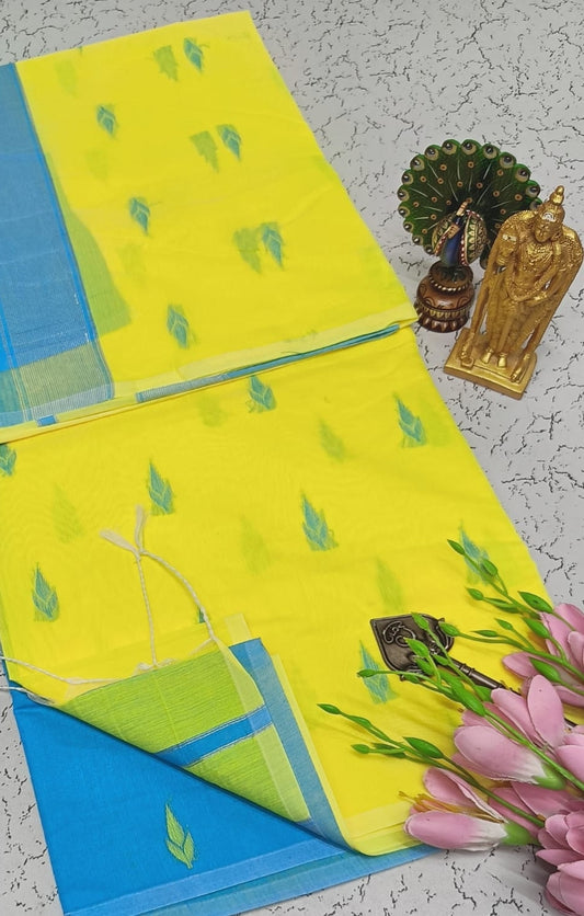 Exquisite Maheshwari Silk Cotton Saree- Lemon Yellow and Sky Blue