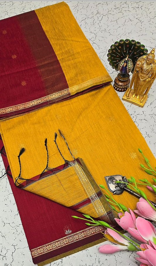 Exquisite Maheshwari Silk Cotton Saree- Mustard Yellow and Wine Red