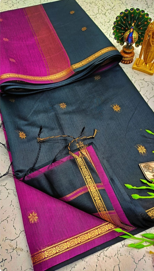 Exquisite Maheshwari Cotton Saree- Charcoal Grey & Magenta