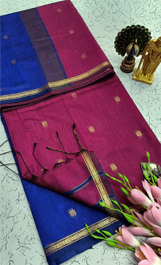 Exquisite Maheshwari Cotton Saree- Wine Purple & Royal Blue