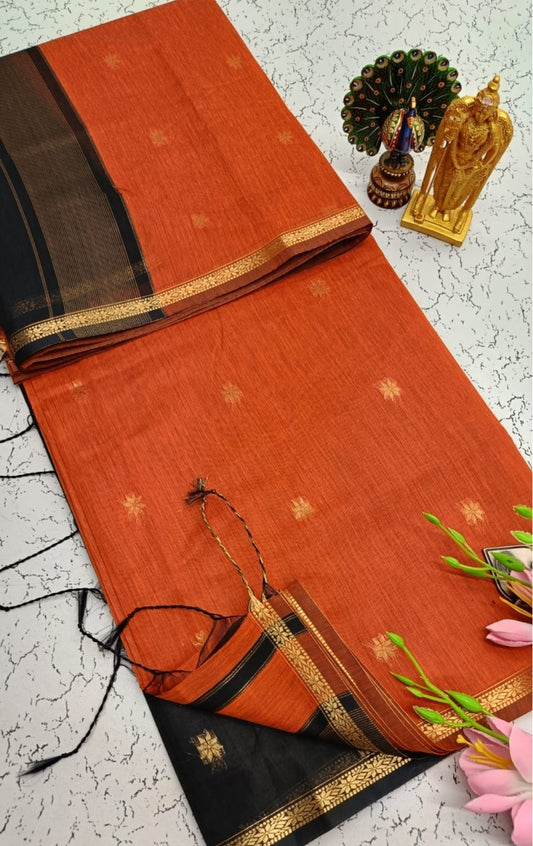 Exquisite Maheshwari Cotton Saree- Rust Orange & Black