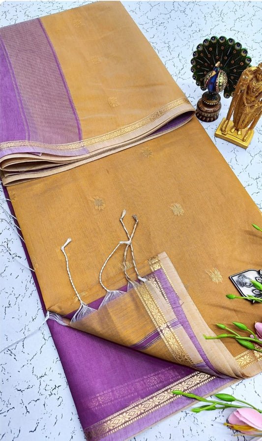 Exquisite Maheshwari Cotton Saree- Mustard Yellow & Lavender