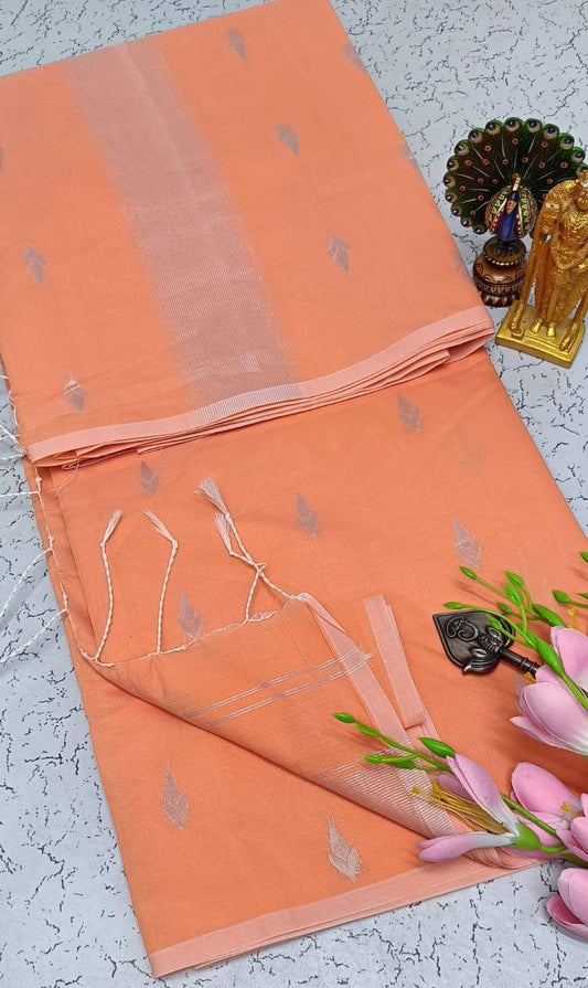 Exquisite Maheshwari Cotton Saree- Peach with Silver Zari