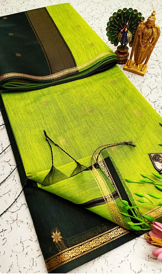 Exquisite Maheshwari Silk Cotton Saree-Lime Green & Black with Gold Zari