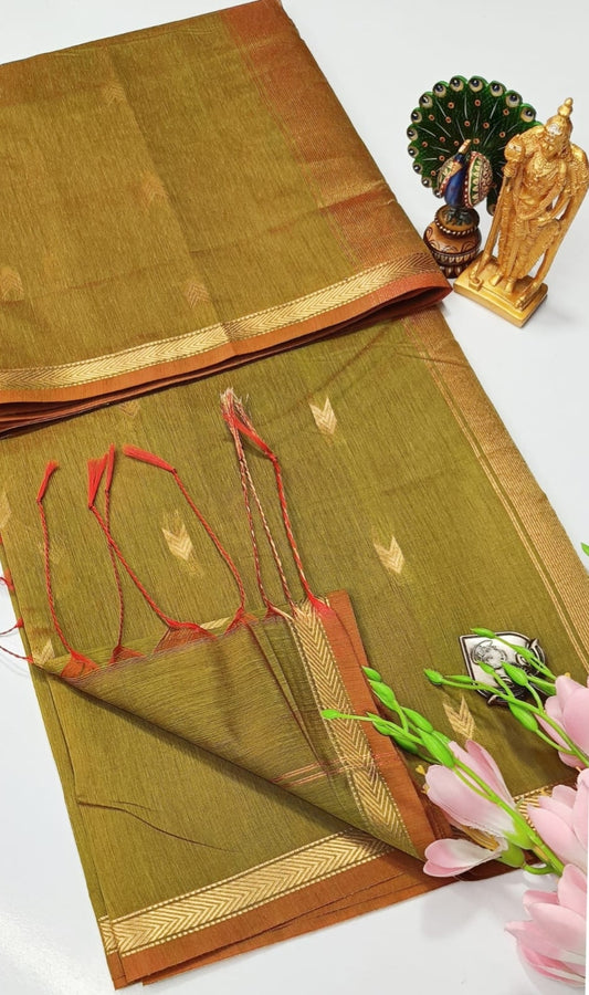 Exquisite Maheshwari Silk Cotton Saree-Olive Green & Rust Orange with Gold Zari