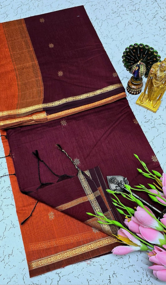 Exquisite Maheshwari Silk Cotton Saree-Wine Maroon & Burnt Orange with Gold Zari