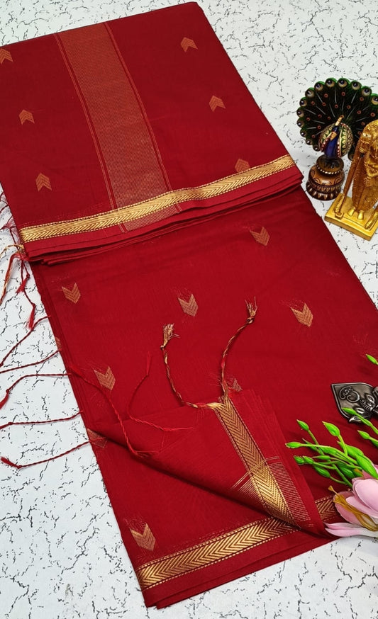 Exquisite Maheshwari Silk Cotton Saree-Deep Maroon with Gold Zari
