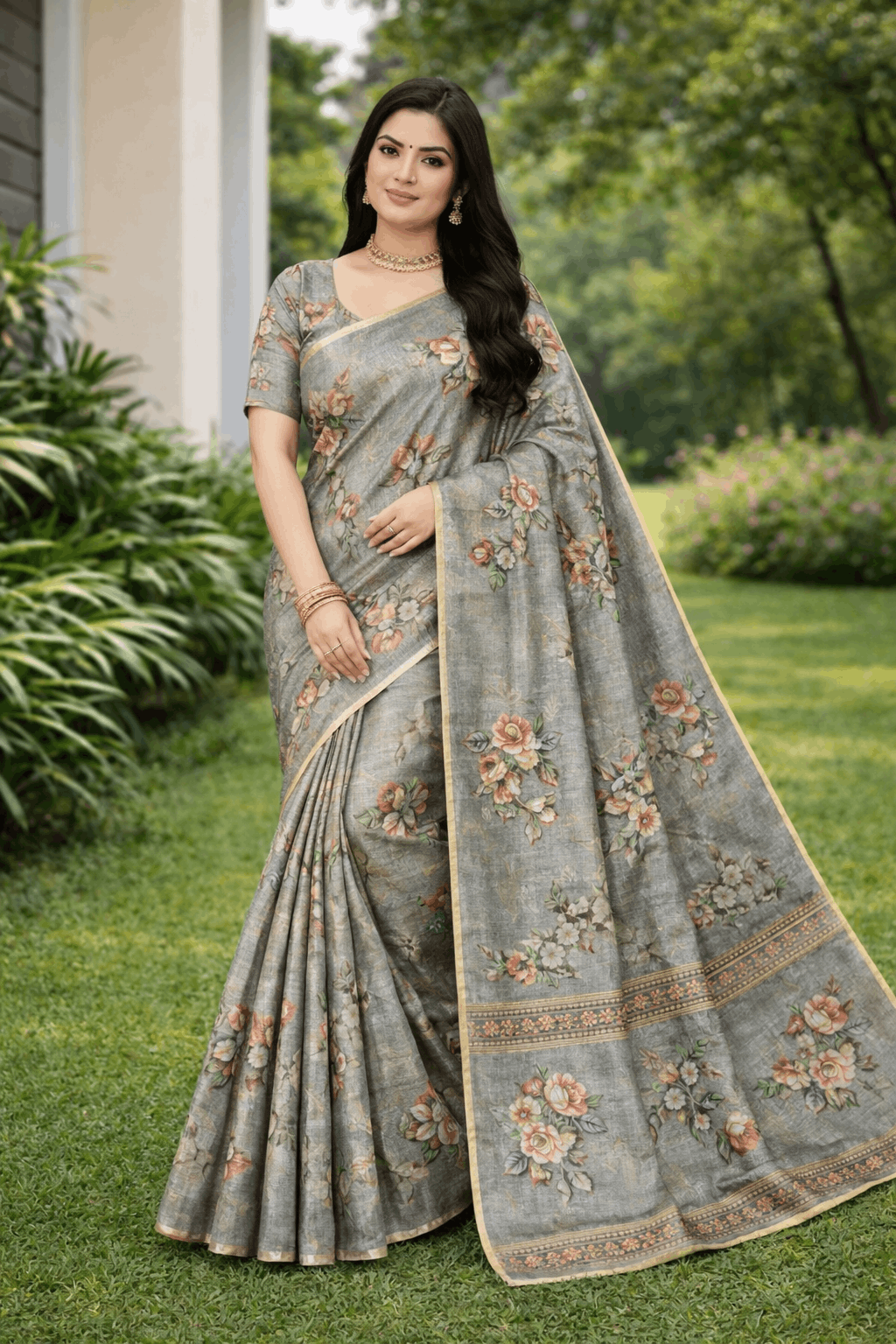 Kesar Silk Saree in Olive Grey with Vintage Rose Florals