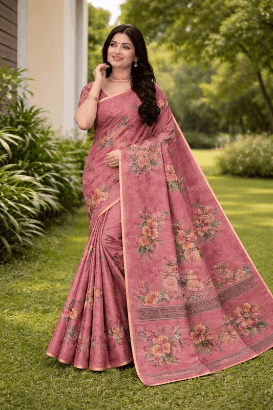 Kesar Silk Saree in Dusty Rose Pink with Floral Prints