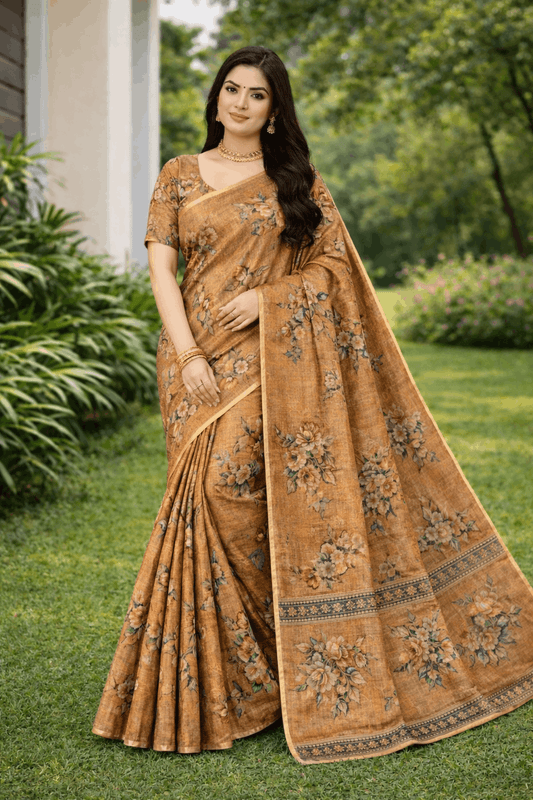 Kesar Silk Saree in Mustard Brown with Floral Motifs