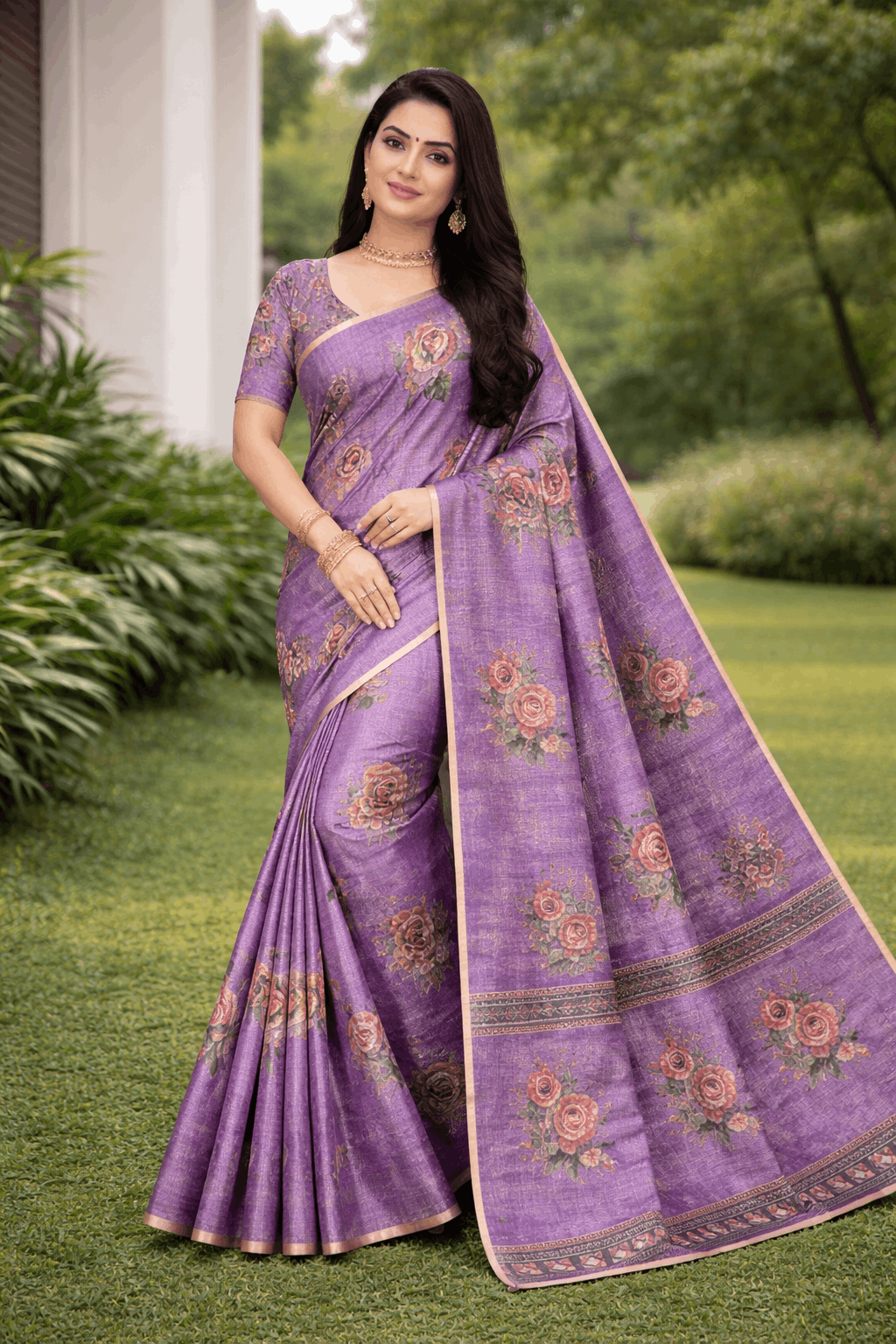 Kesar Silk Saree in Royal Purple with Vintage Floral Prints