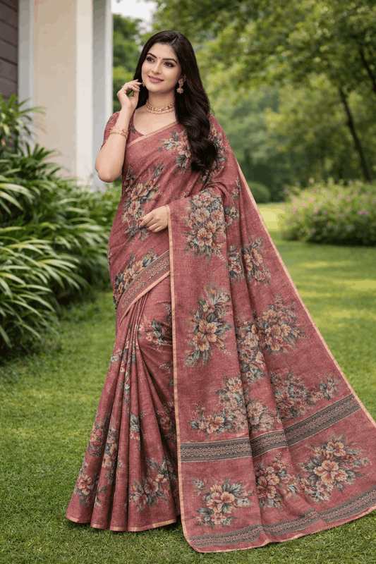 Kesar Silk Saree in Brick Red with Floral Prints