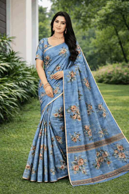 Kesar Silk Saree in Denim Blue with Rose Floral Prints