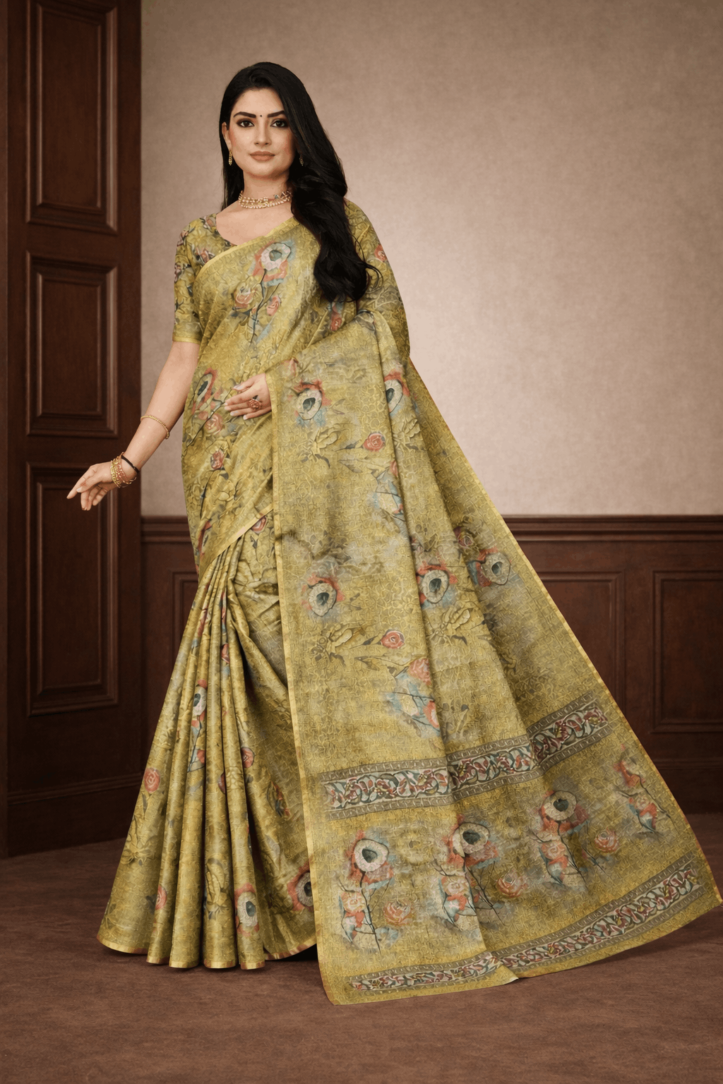 Kesar Silk Saree in Olive Gold with Traditional Floral Prints
