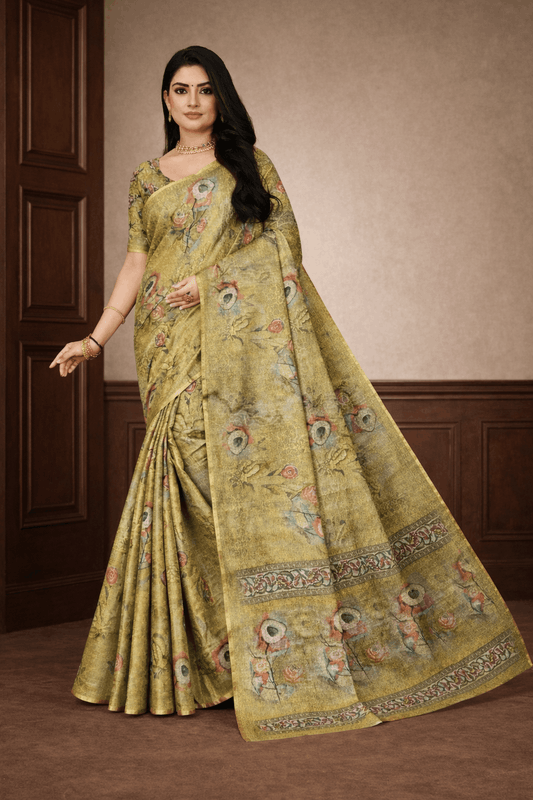Kesar Silk Saree in Olive Gold with Traditional Floral Prints