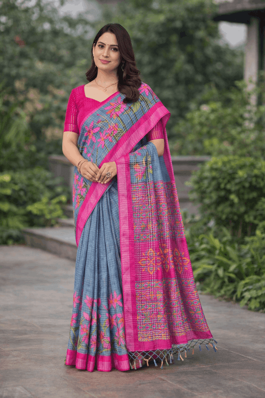 Komolika Print Cotton Silk Saree in Slate Blue with Rani Pink Florals