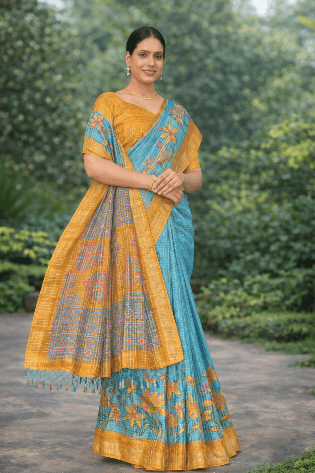 Komolika Print Cotton Silk Saree in Mustard Yellow with Teal Florals