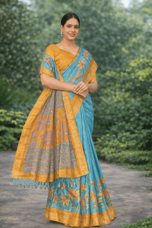 Komolika Print Cotton Silk Saree in Mustard Yellow with Teal Florals