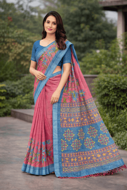 Komolika Print Cotton Silk Saree in Rose Pink with Denim Blue Border