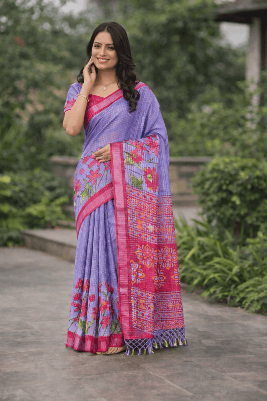 Komolika Print Cotton Silk Saree in Lavender Purple with Magenta Prints
