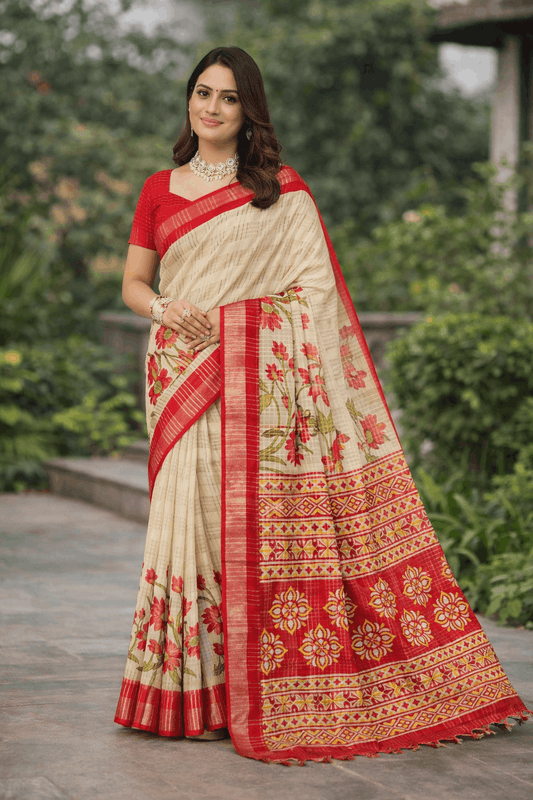 Komolika Print Cotton Silk Saree in Ivory with Classic Red Florals
