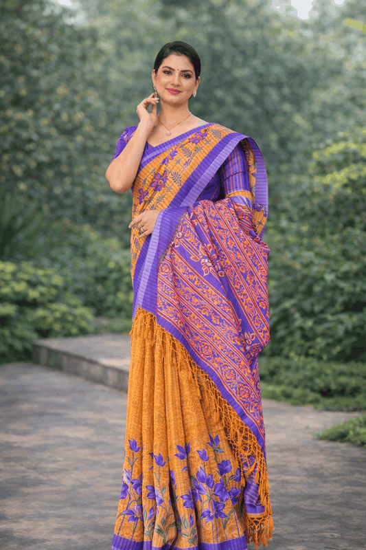 Komolika Print Cotton Silk Saree in Royal Purple with Marigold Prints