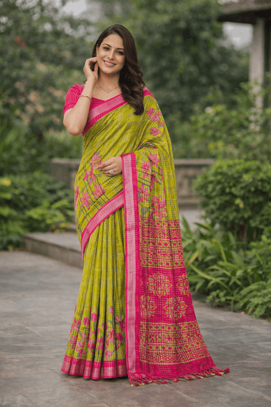 Komolika Print Cotton Silk Saree in Parrot Green with Pink Florals