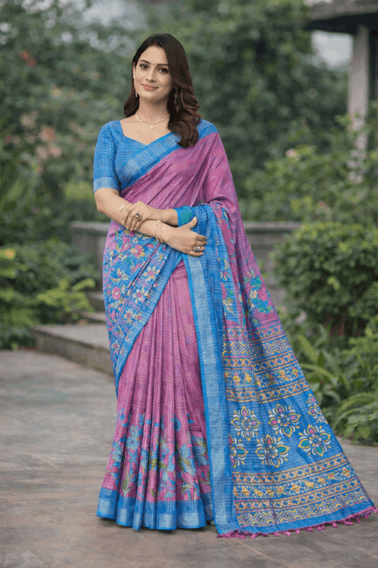 Komolika Print Cotton Silk Saree in Sky Blue with Orchid Pink Border