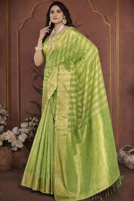 Nazakat Saree in Parrot Green with Gold Zari Stripes