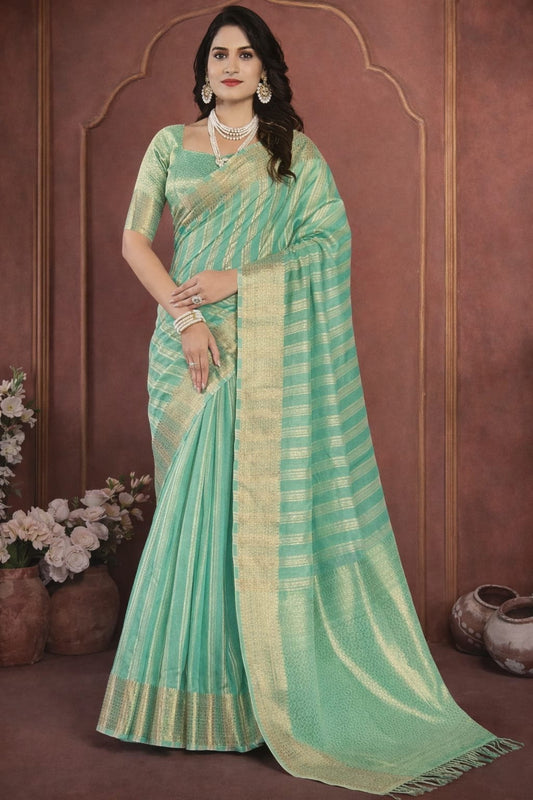Nazakat Saree in Mint Green with Gold Zari Stripes