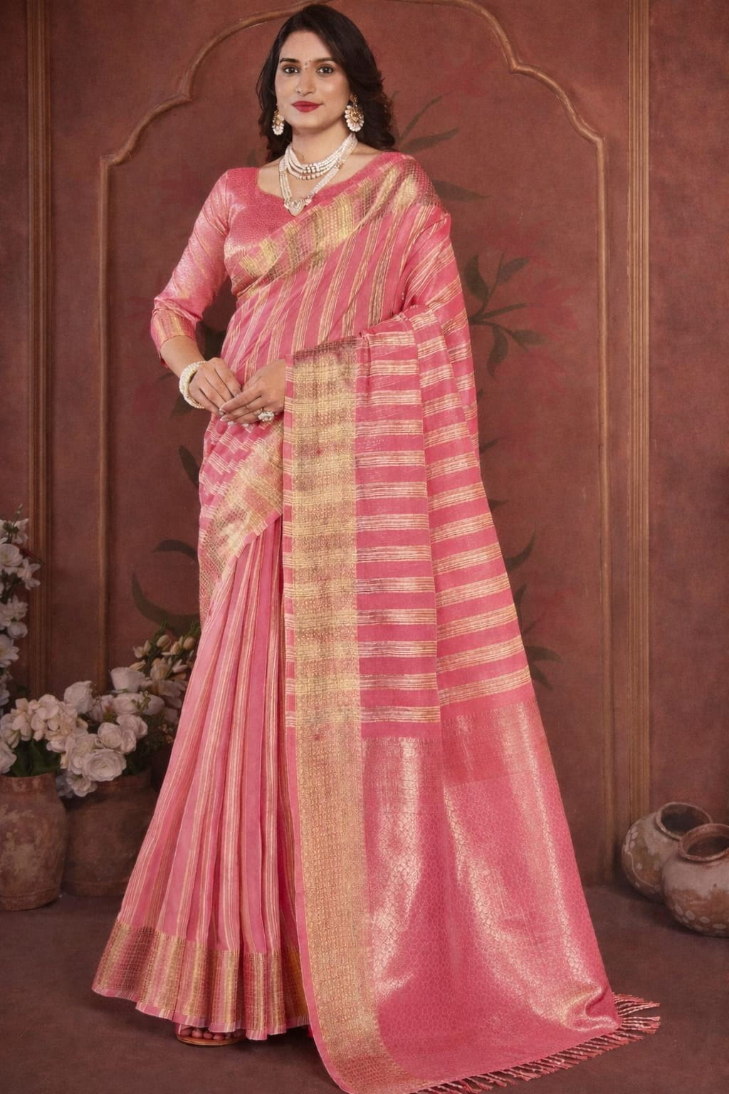 Nazakat Saree in Rose Pink with Gold Zari Stripes