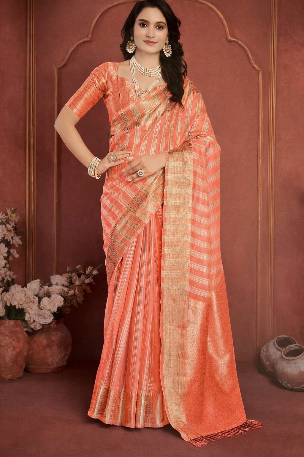 Nazakat Saree in Peach Orange with Gold Zari Stripes