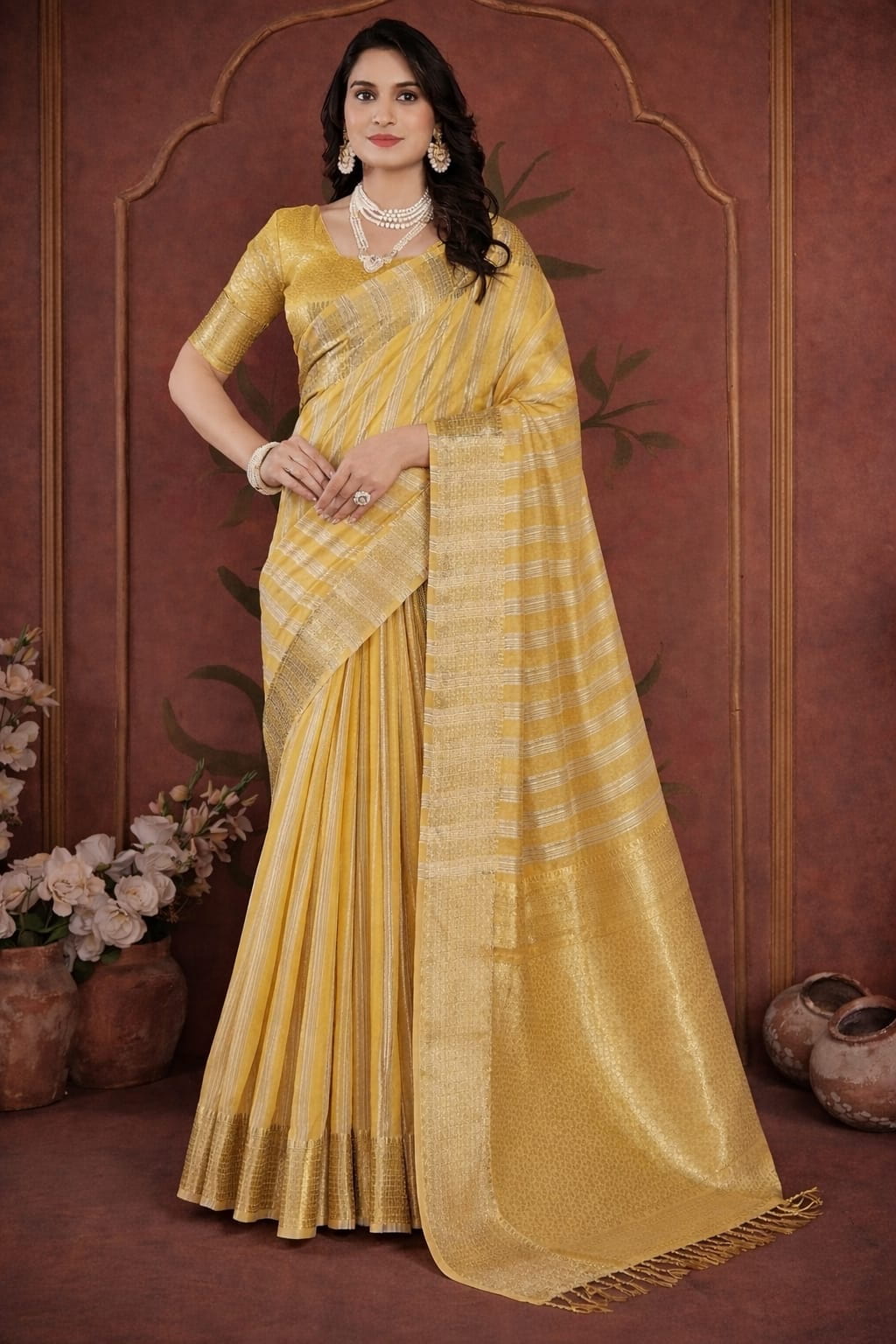 Nazakat Saree in Mustard Gold with Gold Zari Stripes