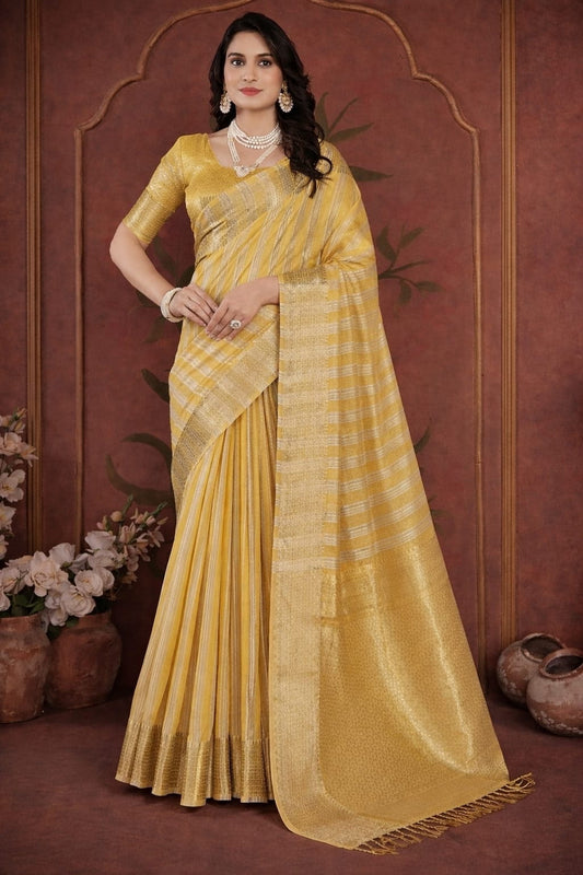 Nazakat Saree in Mustard Gold with Gold Zari Stripes