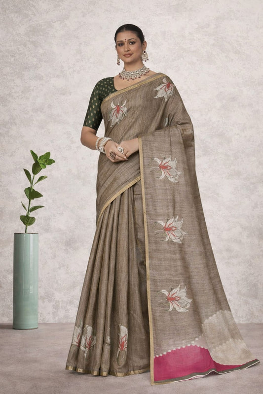 Kesar Silk Saree with Floral Hand Print – Taupe Brown