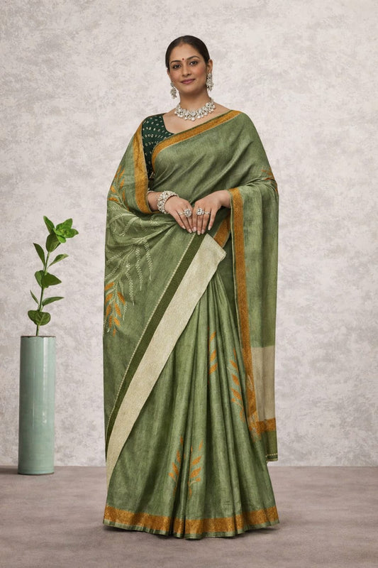 Kesar Silk Saree with Contrast Border – Sage Green