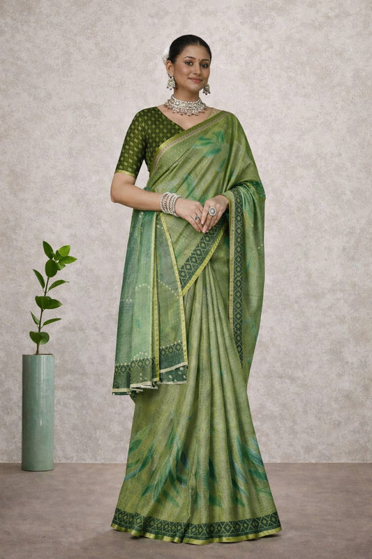 Kesar Silk Saree with Woven Border – Olive Green