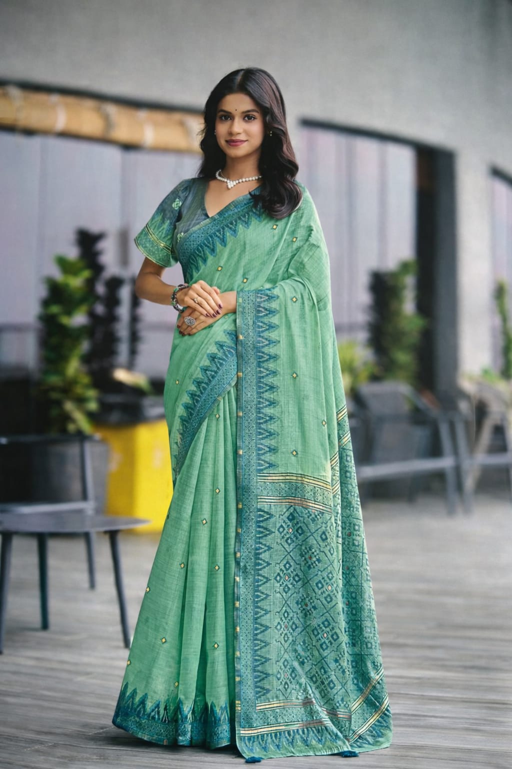 Linen Blend Bunker Print Saree with Woven Border