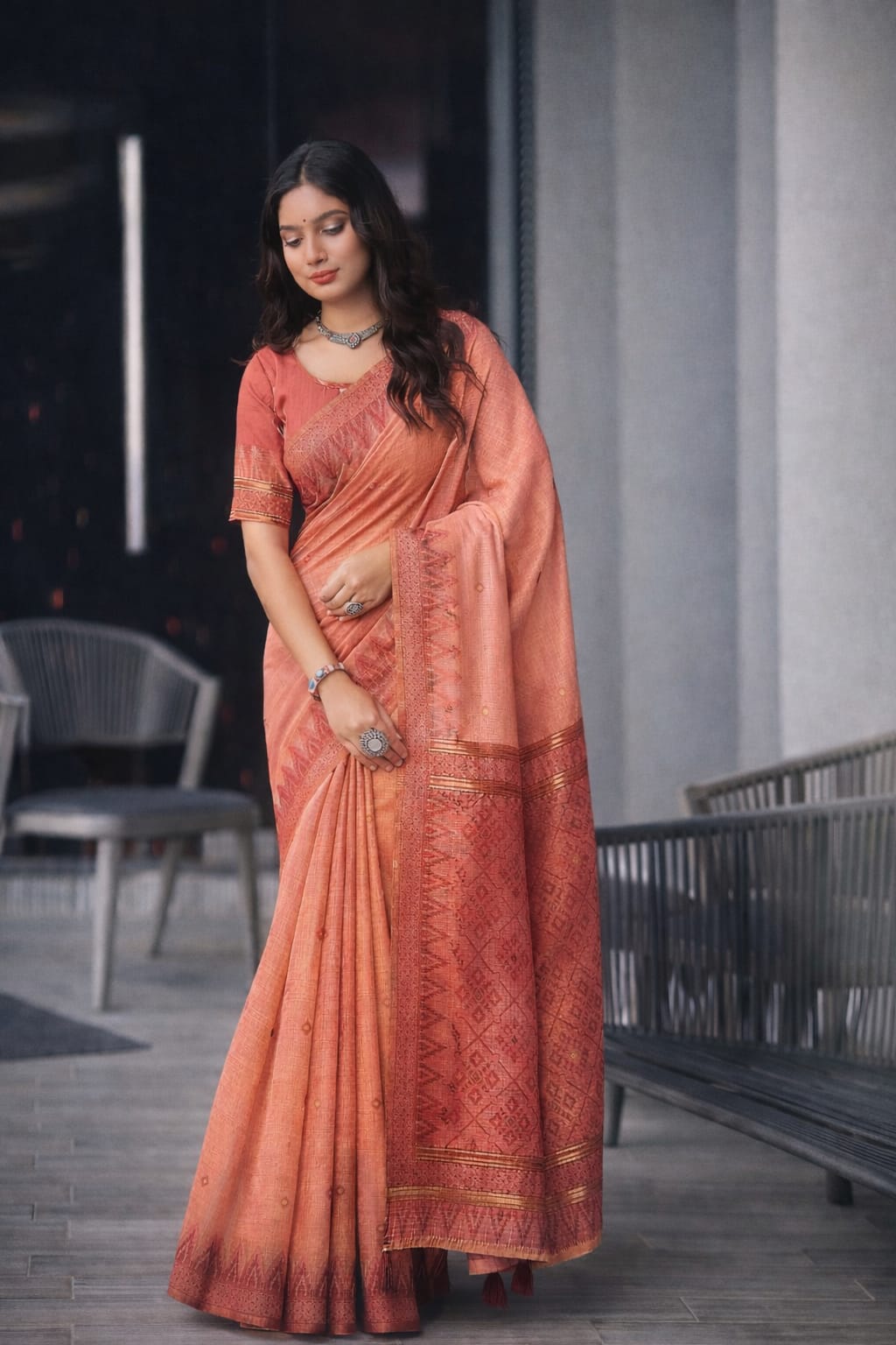 Linen Blend Bunker Print Saree with Woven Border
