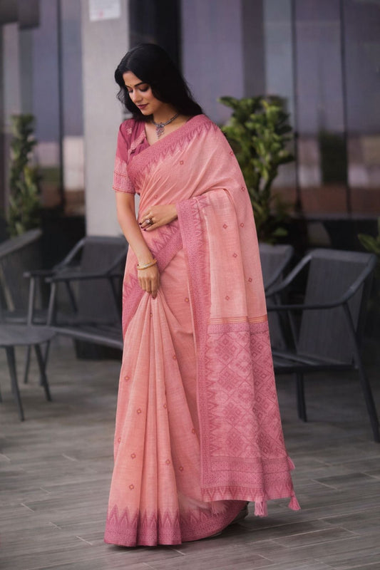 Linen Blend Bunker Print Saree with Woven Border