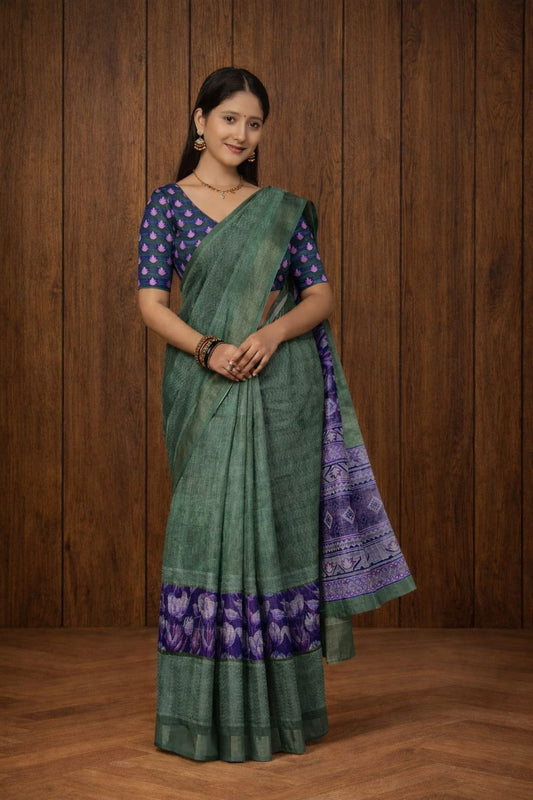 Palrima Silk Saree in Bottle Green with Purple Floral Border