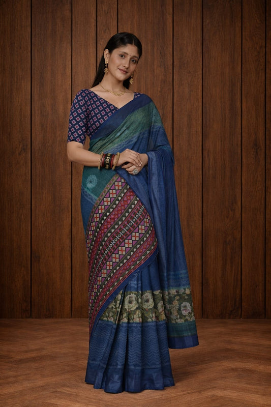 Palrima Silk Saree in Teal Blue with Multicolour Geometric Pallu