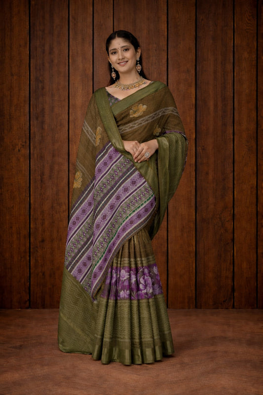 Palrima Silk Saree in Olive Green with Violet Traditional Motifs