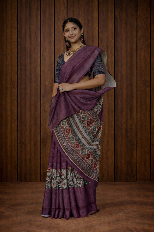 Palrima Silk Saree in Mauve with Grey Ethnic Prints