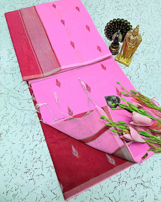 Exquisite Maheshwari Silk Cotton Saree- Baby Pink & Maroon