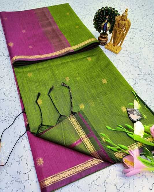 Exquisite Maheshwari Silk Cotton Saree- Magenta Pink & Parrot Green