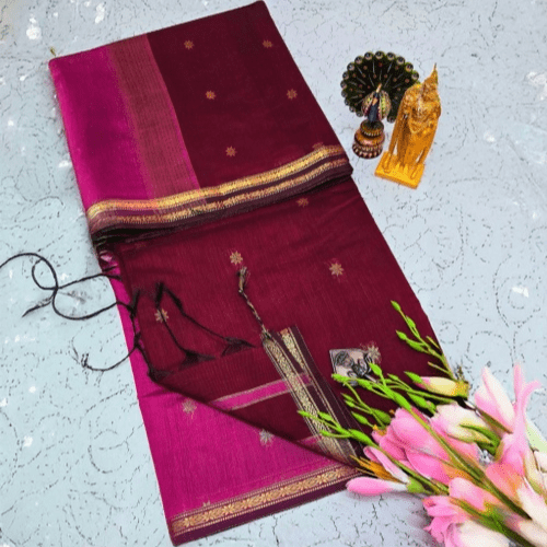 Exquisite Maheshwari Silk Cotton Saree- Wine Maroon & Rani Pink